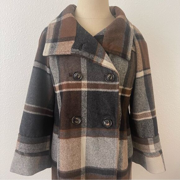 Elevenses Anthropology Peacoat Size Small Plaid Wool Blend Wide Sleeve - Picture 2 of 11